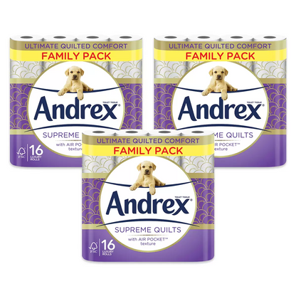 Andrex Supreme Quilted Roll Tissue Paper Strong Soft Air Pocket Pack of 96 Rolls