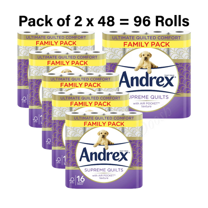 Andrex Supreme Quilted Roll Tissue Paper Strong Soft Air Pocket Pack of 96 Rolls