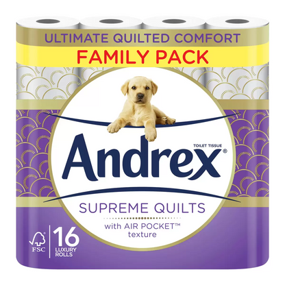 Andrex Supreme Quilted Roll Tissue Paper Strong Soft Air Pocket Pack of 96 Rolls