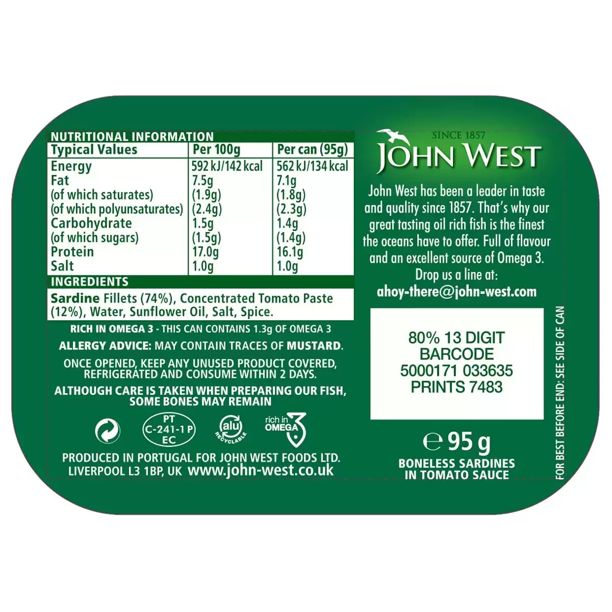 John West Boneless Sardines in Tomato Sauce 12 x 95g Boneless High in Omega 3