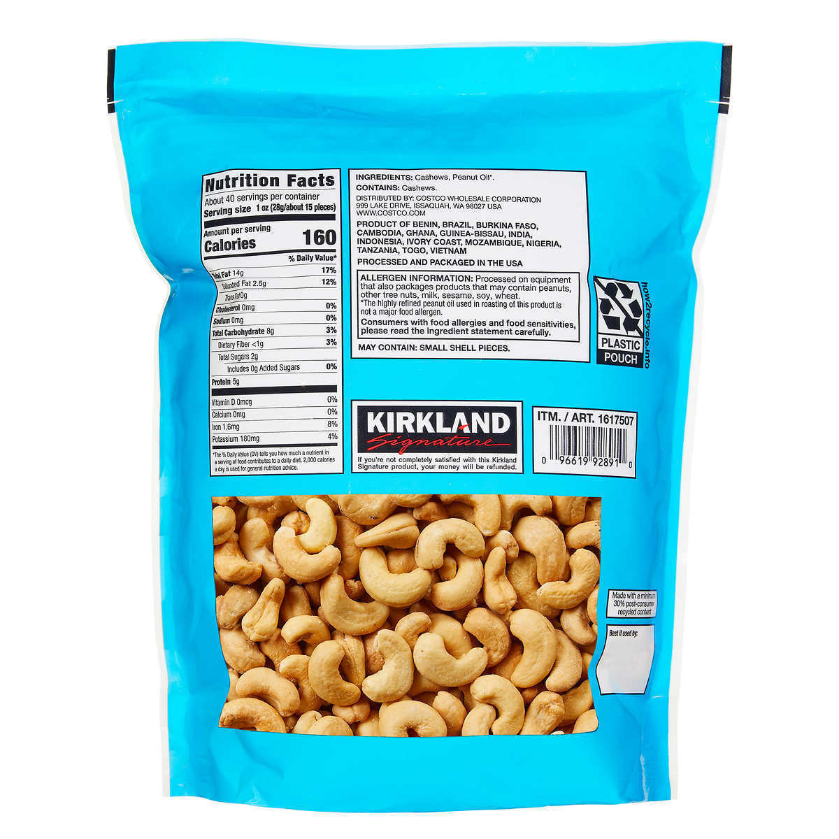 Kirkland Signature Whole Fancy Unsalted Cashews 1.13kg Dried Nuts Crunchy Snack