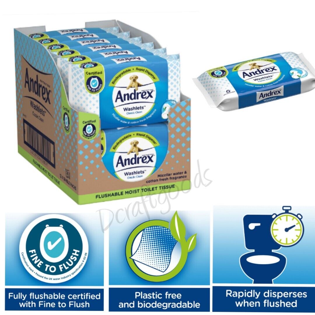 Andrex Toilet Flushable Wipes Washlets Moist Ultra Soft Classic Clean 12 Pack