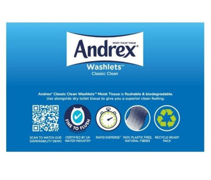 Andrex Toilet Flushable Wipes Washlets Moist Ultra Soft Classic Clean 12 Pack