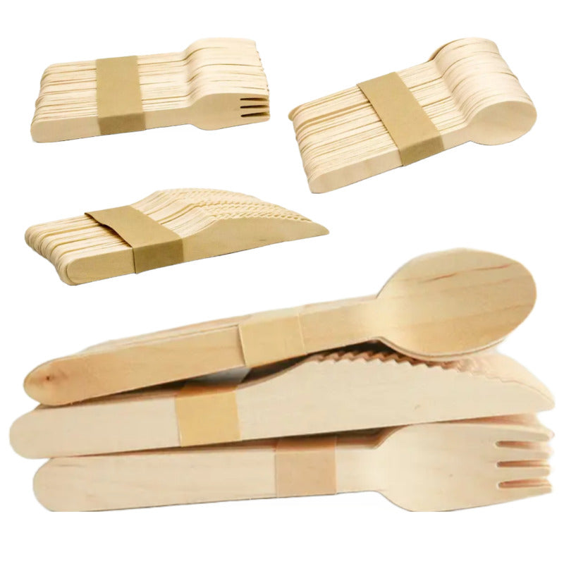 Wooden Cutlery Biodegradable Eco-Friendly 150 Pcs Birch Wood Spoons Knives Forks